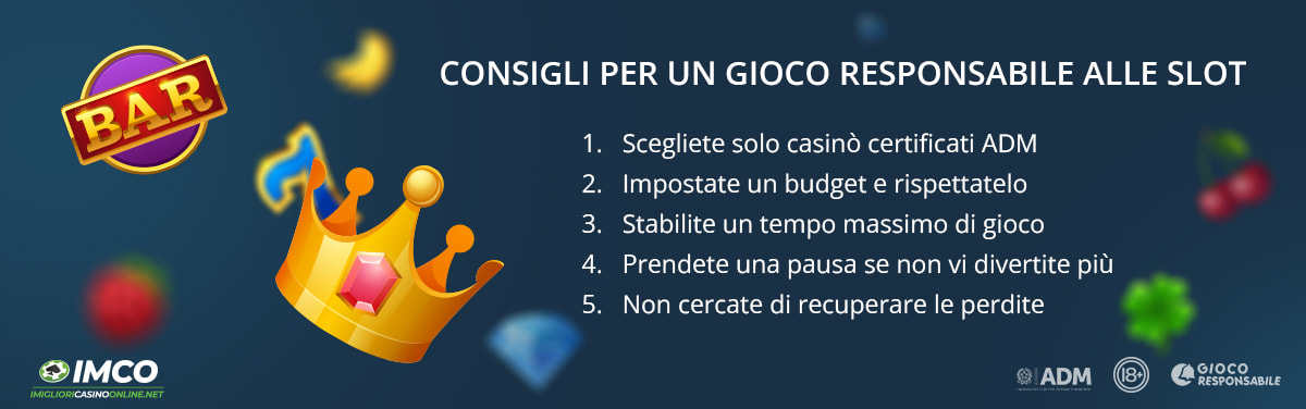 Infographic for a responsible game in the slot, with consigli su management del budget, tempi di gioco, scelte consapevoli for fun in safety.