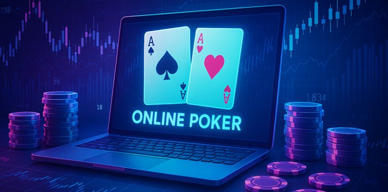 Chips, laptop with 2 aces and the Online Poker script