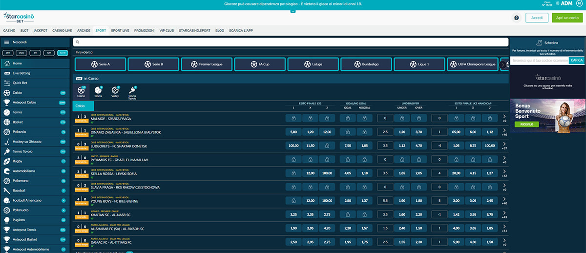 The homepage of the sports section of StarCasinò