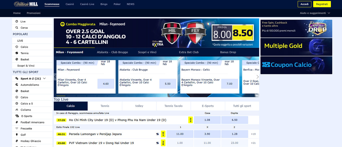 The homepage of the William Hill sports section